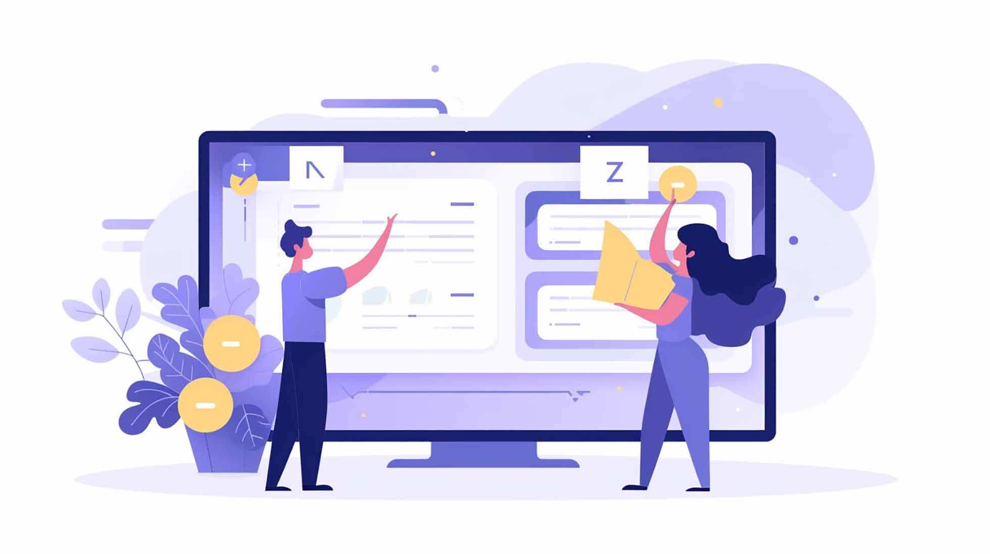 Flat illustration of two people setting up a website with a website builder