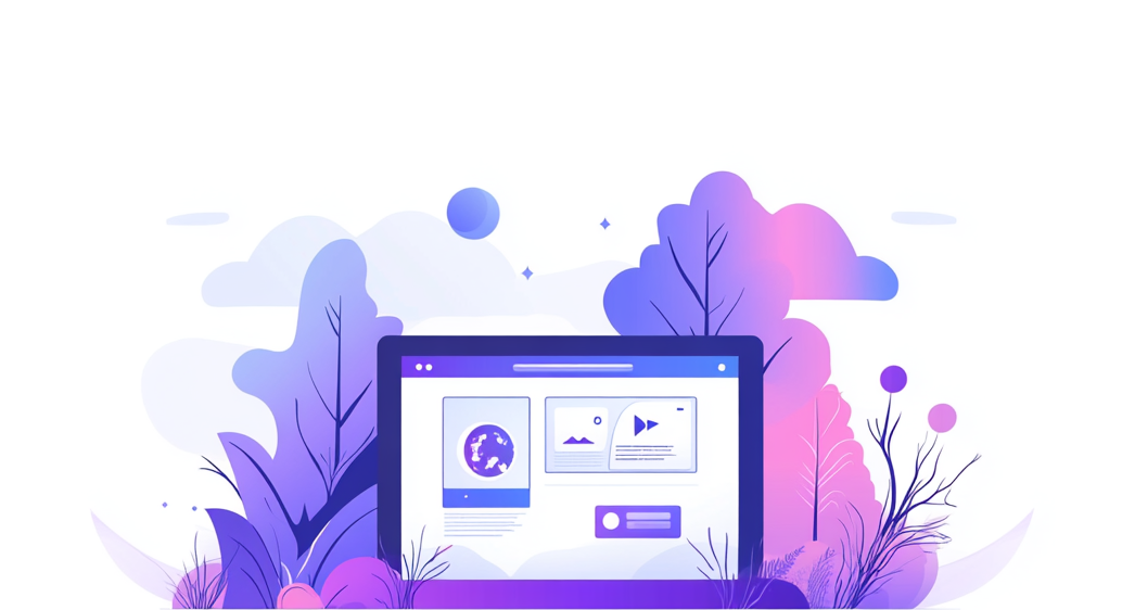 A flat vector illustration with a purple and blue gradient background featuring clouds, a Gian flat screen displaying displaying a clean, professional cryptocurrency website layout, surrounded by trees and digital elements. The style is minimalistic and modern, making it perfect for social media profile pictures or website banners.